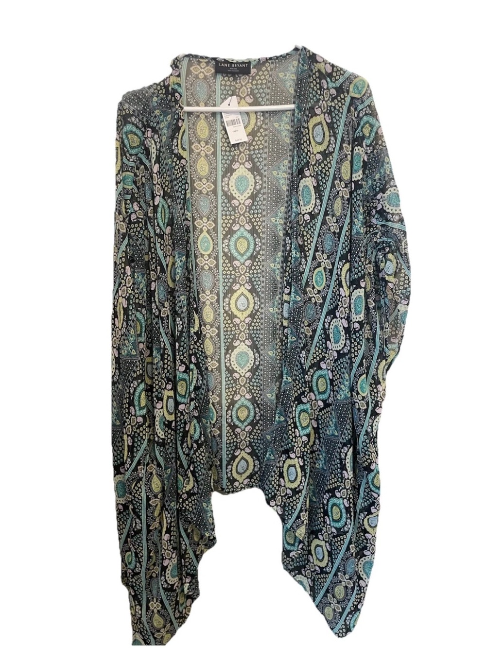 Lane Bryant Teal, Black & Cream Paisley Open Cardigan Kimono Sleeves Shawl